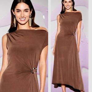 NWTS🌹THE OCCASION L🌹LUSTROUS SABLE OFF THE SHOULDER SIDE TWIST MIDI DRESS